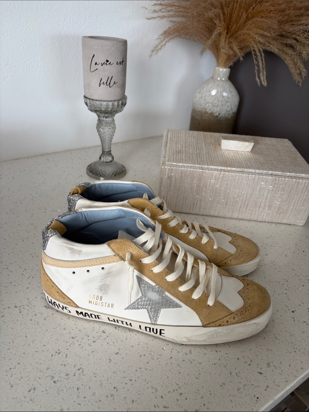 Golden Goose Mid Star Casual Sneakers with Silver Glitter Accent